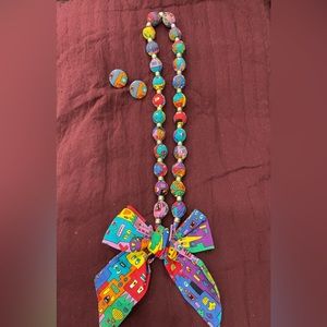 FUN VINTAGE 90s HANDCRAFTED necklace/ earrings! Multicolored cloth/gold beads.